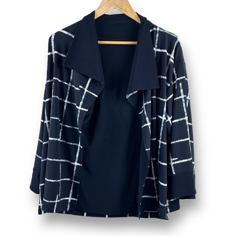 Sympli Womens Cardigan Sweater Check 3/4 Sleeve Open Front Reversible Black 10